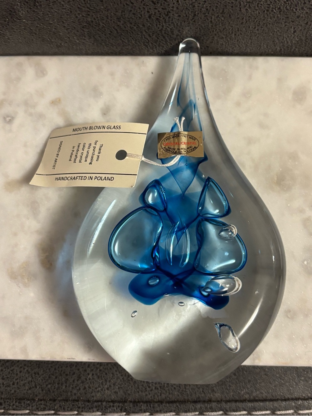 Beautiful Handcrafted Blue Glass Teardrop Paperweight - Mouth Blown